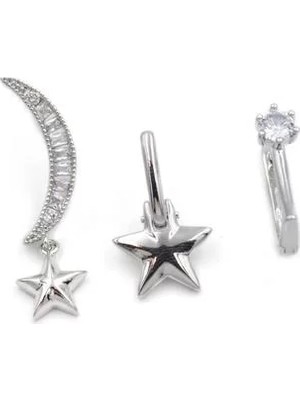 3'lü Taşlı Halka Küpe - Gümüş