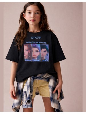 Little Aden Kpop Demon Hunters Huntrix Kısa Kollu Baskılı Kız Çocuk Oversize Tişört