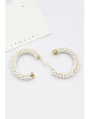 Kristal Boncuk Halka Küpe - Beyaz