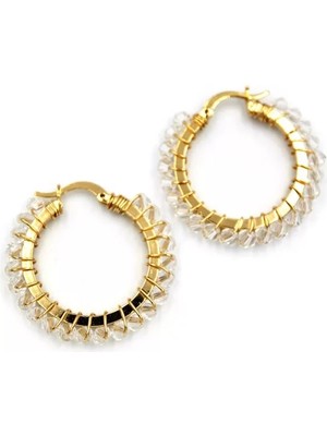 Kristal Boncuk Halka Küpe - Beyaz