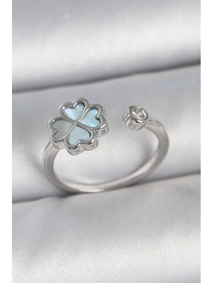 Mustran Pirinç Gümüş Renk Mavi Mineli Yonca Model Zirkon Taş Detay Ayarlanabilir Kadın Yüzük