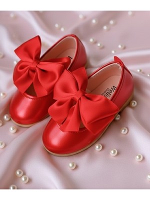 Welissa Kırmızı Saten Fiyonklu Abiye Kız Çocuk Babet, Özel Günlerde