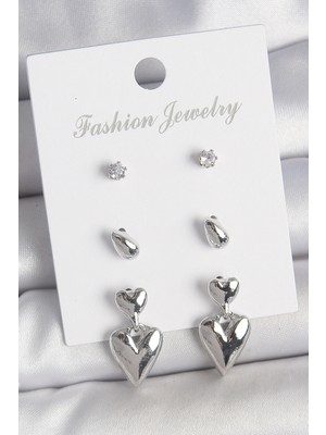Mustran Pirinç Gümüş Renk Zirkon Taşlı Sallantılı Kalp Model 3 Çift Kadın Küpe Seti