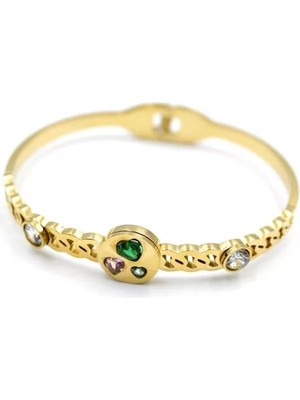 Taşlı Kalp Bilezik - Altın