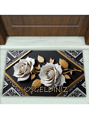 Colorix Carpet Gül Desenli Dekoratif Kapı Önü Paspası No: 2385