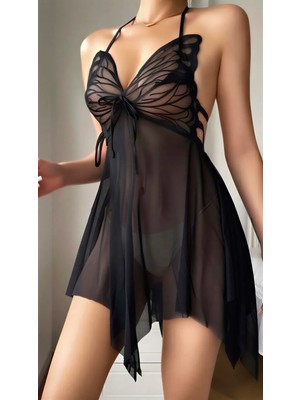 Beruflic Siyah Butterfly Lace Kelebek Işlemeli Tül Fantezi Gecelik