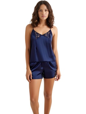 Beruflic Lacivert Saten Babydoll Şort Takımı Zarif Kadın Gece Giyim