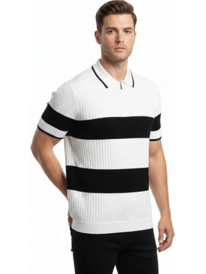 Beruflic Erkek Tshirt Çizgili Triko Dokuma Kumaş Polo Yaka Yarım Fermuarlı Regular Kalıp Tişört