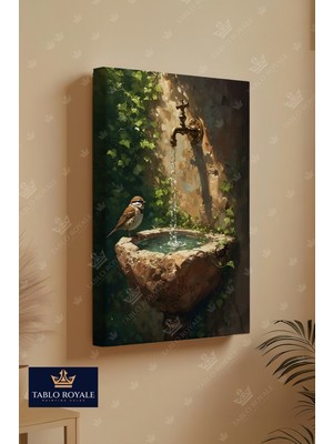 Tablo Royale Su Akan Musluğun Başında Bekleyen Kuş Dikey Kanvas Tablo - Salon Tablo - Ofis Tablo