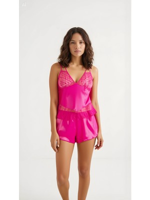 Beruflic Fuşya Saten Babydoll Şort Takımı Zarif Kadın Gece Giyim