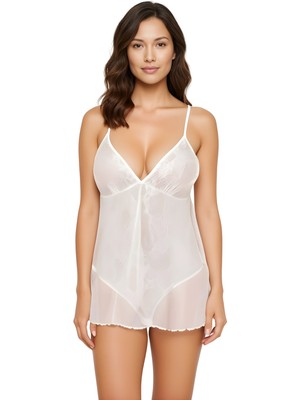 Beruflic Ekru Jakarlı Bodysuit Gecelik Zarif Kadın Gece Elbisesi