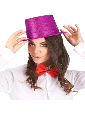 Colezium Fuşya Pembe Renk Parıltılı Simli Fötr Silindir Parti Şapkası