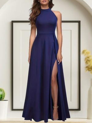 Munnn Collection Munn Collection Kadın Halter Yaka Derin Yırtmaç Detaylı Tam Boy Janjan Krep Abiye Elbise