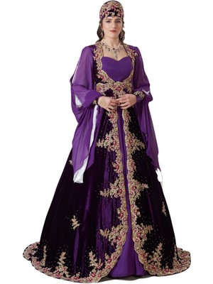 Ceyyiz Kadife Özel Dikim Bindallı Kına Elbisesi Leylak