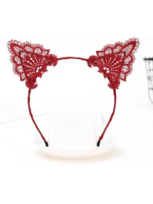 Colezium Dantelli Kırmızı Kedi Tacı - Vintage Tarz Dantel Kedi Kulak