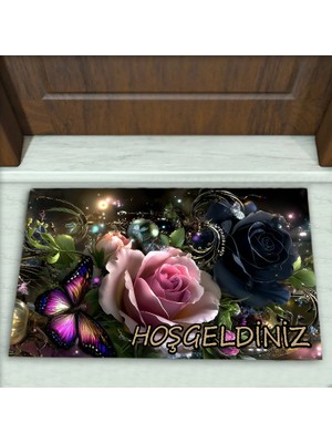 Colorix Carpet Gül Desenli Dekoratif Kapı Önü Paspası No: 2654