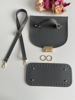 ZG Hobi Aksesuar Örgü Çantalar Için Suni Deriden Kapak ,taban ve Askı Seti Gri Renk