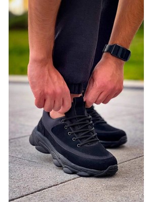 Colezium KB-707    Siyah Süet Siyah Yüksek Taban Bağcıklı Günlük Erkek Ayakkabı