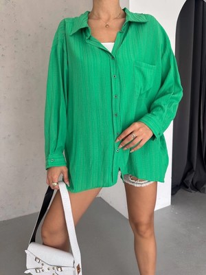 Colezium Ağaç Kabuğu Oversize Arkası Pileli Gömlek