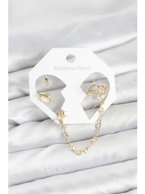 Mustran Pirinç Gold Renk Uzay Model Zincir Bağlantılı Ear Cuff Küpe Seti