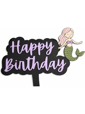 Liya3D Deniz Kızı Figürlü Happy Birthday Cake Topper – Mor Yazılı Pasta Süsü