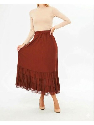 Lifera Lifera Etek Ucu Dantelli Penye Etek, Büyük Beden