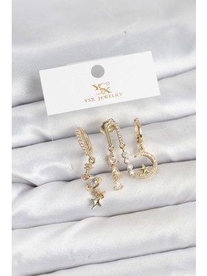 Mustran Pirinç Gold Renk Zirkon Taşlı Uzay Model Ysx Trio Küpe Seti