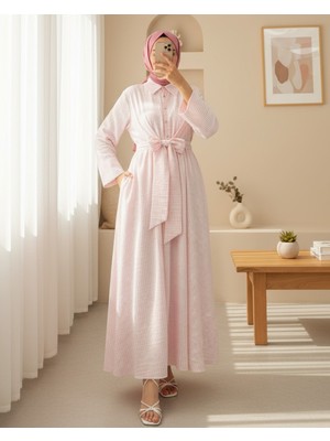 Modamorfo Yarım Düğmeli Beli Bağlamalı Çizgili Elbise -Pudra