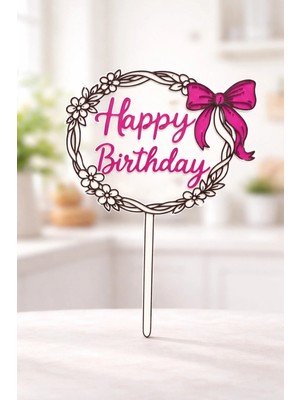 Liya3D Fiyonklu Çiçekli Happy Birthday Pasta Süsü – 3D Baskı Özel Tasarım Doğum Günü Cake Topper