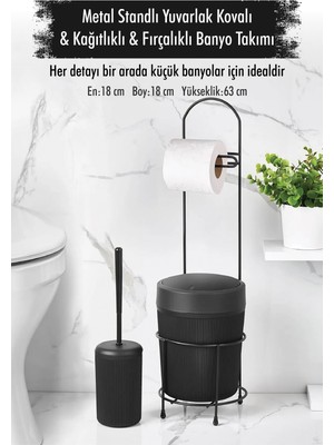 Mustran Metal Standlı Yuvarlak Kovalı & Kağıtlıklı & Fırçalıklı Siyah Banyo Takımı