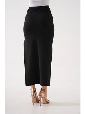 Colezium Uzun Yırtmaçlı Ince Kumaş Etek Siyah