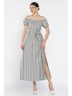 Colezium Madonna Yaka Midi Yırtmaçlı Kuşaklı Keten Elbise