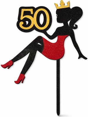 Liya3D 50 Yaş Taçlı Kadın Siluet Pasta Süsü – Şık Doğum Günü Cake Topper – 3D Baskı