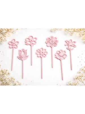 Liya3D Çiçek Temalı Pasta Süsü Seti – 7’li Pembe 3D Pla Baskı Cake Topper