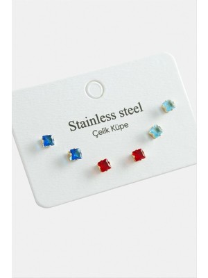 Esranın Dünyası 6 Adet Kare Zirkon Tek Taşlı Çelik Küpe RSBİJ34-ESRDNS