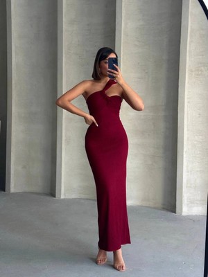 Colezium Krinkıl Tek Omuz Uzun Elbise Bordo S25455