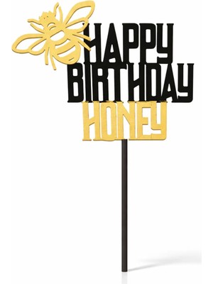 Liya3D Arılı Happy Birthday Honey Pasta Süsü – Siyah Gold Özel Tasarım Cake Topper