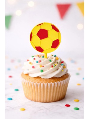 Liya3D Futbol Topu Cake Topper – Sarı Kırmızı Cupcake & Pasta Süsü (6 Adet)