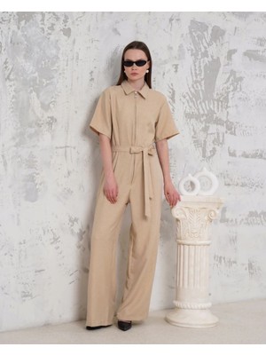 Colezium Kuşaklı Gömlek Yaka Salaş Tulum Bej S255822