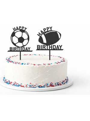 Liya3D Happy Birthday Spor Temalı Pasta Süsü (Futbol Topu & Amerikan Futbolu) – 3D Pla Baskı Cake Topper