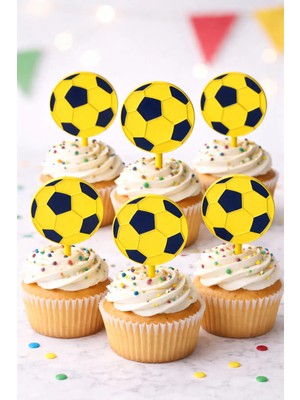 Liya3D Futbol Topu Cake Topper – Sarı Lacivert Cupcake & Pasta Süsü (6 Adet)
