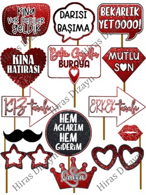 14'lü Büyük Boy Kırmızı Işıltılı Görünüm Kına Gecesi Gelir Bride Slogan Konuşma Balonu Seti Selfie