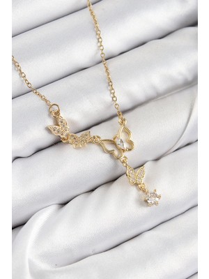 Esranın Dünyası Mey Ithalat® 316L Çelik Zirkon Taşlı Kelebek Model Gold Renk Kadın Kolye