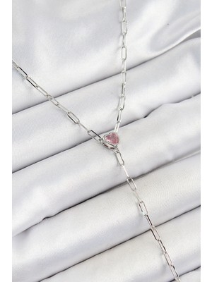 Esranın Dünyası Mey Ithalat® Pirinç Zirkon Taşlı Pembe Kalp Figürlü Y Model Gümüş Renk Kadın Kolye