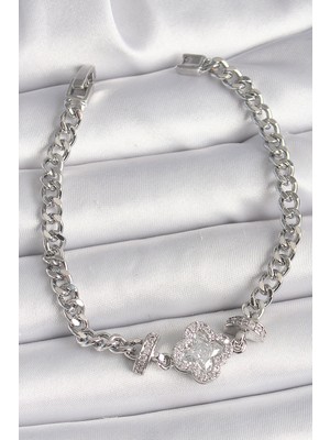 Mustran Pirinç Gümüş Renk Zirkon Taşlı Yonca Figür Zincir Model Kadın Bileklik