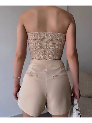 Colezium Arkadan Büzgülü Esnek Büstiyer Bej