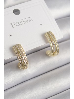 Mustran Pirinç Gold Renk Zirkon Taşlı Yarım Halka Model Kadın Küpe