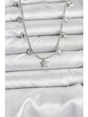 Esranın Dünyası Mey Ithalat® Pirinç Gümüş Renk Yıldız Model Kadın Kolye