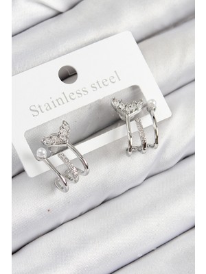 Mustran Pirinç Zirkon Taşlı Inci Detaylı Balık Kuyruğu Model Gümüş Renk Kadın Küpe