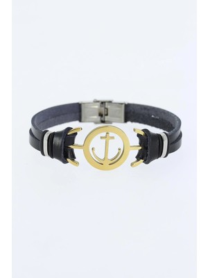 Esranın Dünyası Mey Ithalat® Gold Renk Deniz Çapası Figürlü Metal Aksesuarlı Siyah Renk Deri Erkek Bileklik